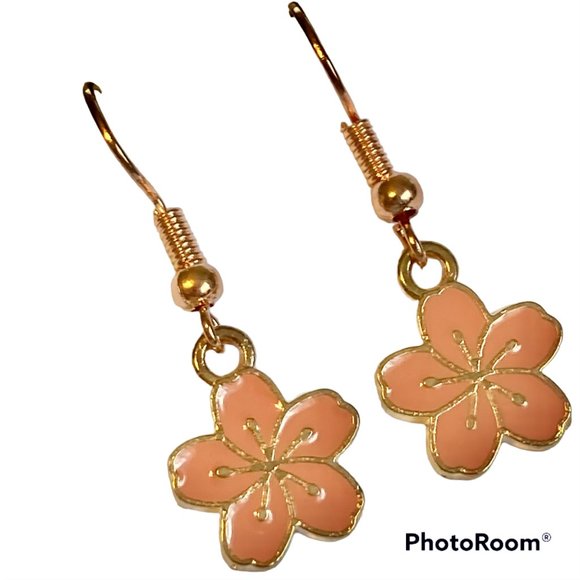 Hibiscus Flower Earrings Rose Gold Plated Enamel Peach Pink Dangle Dainty Island - Picture 2 of 12